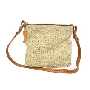 Fossil Straw Crossbody Bag Braided Leather Strap Zipper Closure Logo Key Y2K